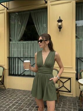 Sleeveless Cider V-Neck Olive Green Romper